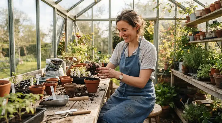 A hobby gardener planting spring vegetables inside an 8x10 greenhouse kit