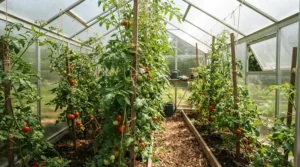Tall tomato plants thriving inside a spacious 8x10 greenhouse kit during summer