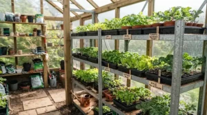 Interior view of an 8x10 walk-in greenhouse kit showing organized shelving and potted seedlings
