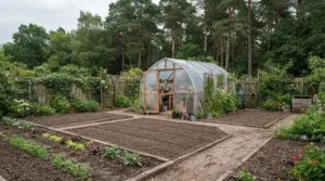 A backyard landscape featuring a pitched-roof polycarbonate greenhouse for cold winters set on a concrete foundation.