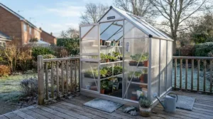 An affordable polycarbonate greenhouse for cold winters assembled in a suburban backyard garden.