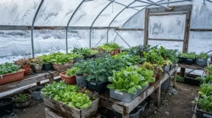 Potted plants thriving securely inside a polycarbonate greenhouse for cold winters during a freezing morning.