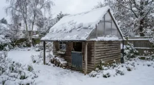 A sturdy polycarbonate greenhouse for cold winters covered in a thick blanket of heavy winter snow in a backyard.