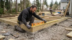 Preparing the wooden base for a polycarbonate greenhouse kit in a British Columbia yard.
