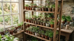 Organized shelving units inside a polycarbonate greenhouse kit filled with spring seedlings.