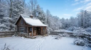 A sturdy polycarbonate greenhouse kit installed in a snowy Canadian backyard during winter.